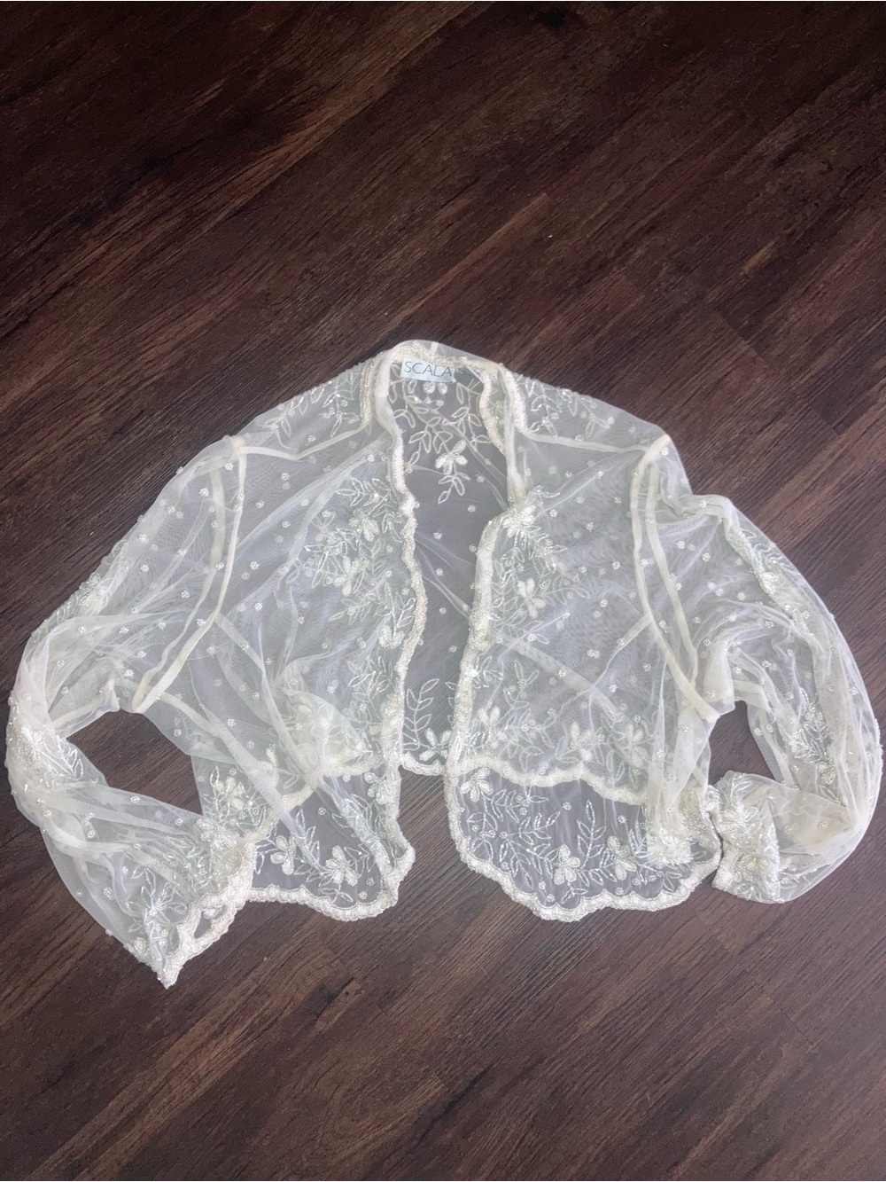 Scala women’s Sheer ivory Embroidered beaded cardigan size 2XL